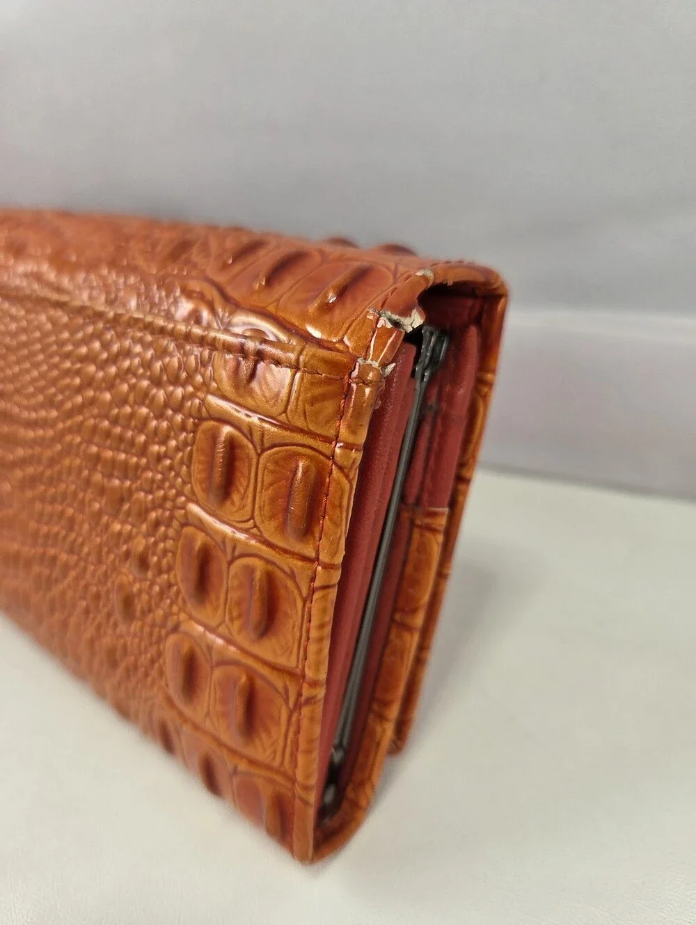 Vera Pelle Burnt Orange Croc Embossed Leather Kiss Lock Wallet